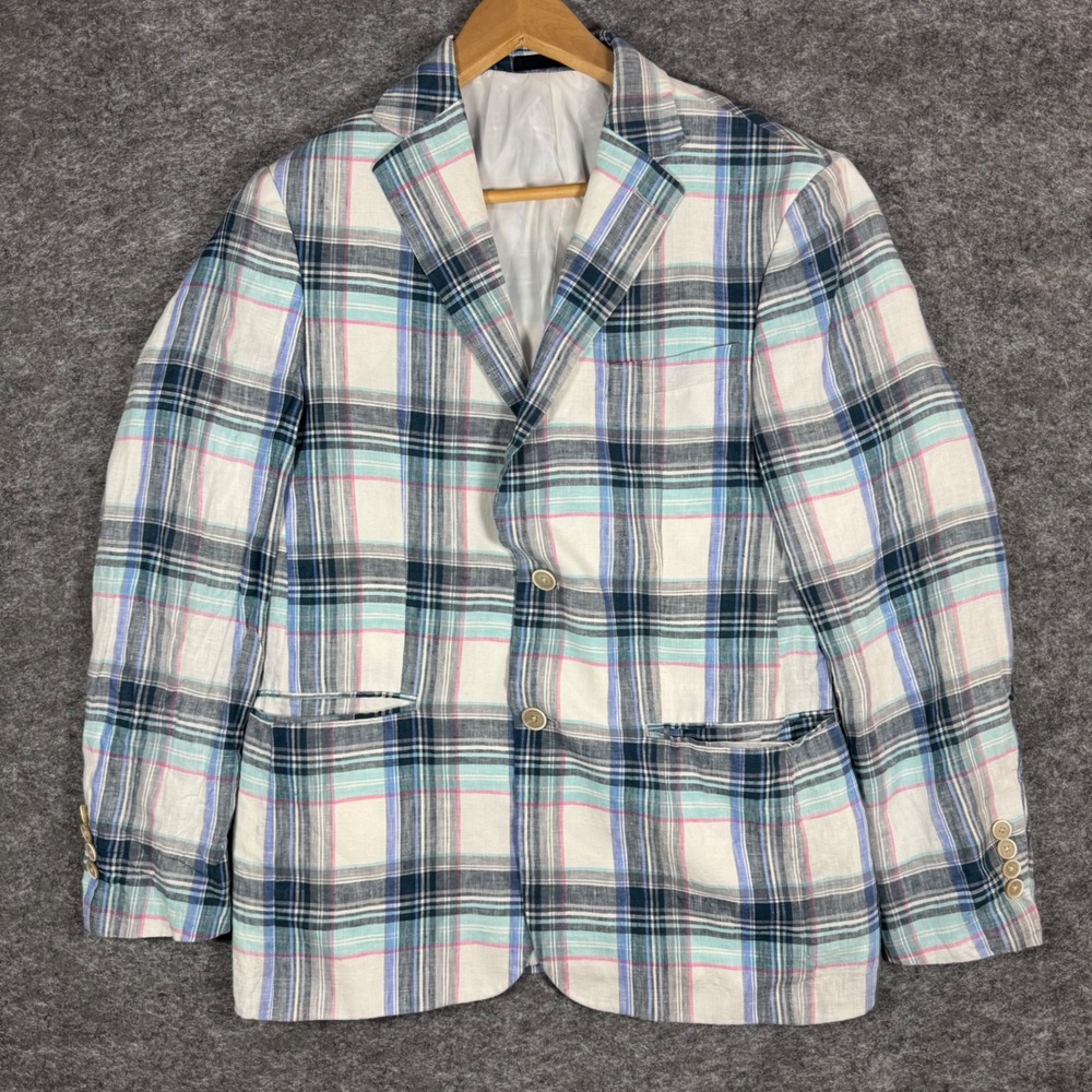 Tallia Linen Blazer Jacket Mens 38R Plaid Sport Coat Blue Pink Colorful Preppy